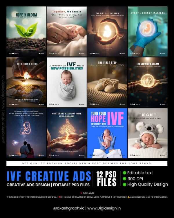 Looking for professional IVF ads that inspire hope and trust? Our IVF Creative Ads Pack is designed especially for fertility clinics, IVF centers, and healthcare professionals who want to connect emotionally with their audience. This bundle includes 12 premium editable PSD files created in high resolution (300 DPI), perfect for IVF social media templates, Facebook and Instagram campaigns, or even print use. Each design is crafted with empathy and creativity, highlighting themes of new beginnings, care, and parenthood. From symbolic fertility clinic posters to warm, heart-touching IVF creative ads, these templates make it easy to promote your services with professionalism and compassion. The files are fully layered and customizable, allowing you to adjust text, colors, and branding within minutes using Photoshop. Whether you’re planning a new campaign or refreshing your existing social media visuals, this pack saves time while ensuring high-quality results. ✨ Stand out online with fertility clinic social media templates that blend design, emotion, and trust.