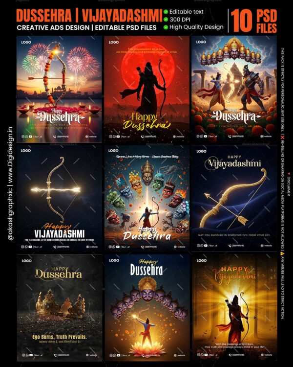 Dussehra PSD pack, Vijayadashmi PSD templates, Dussehra social media posts, Dussehra ad design, Dussehra banner PSD, Dussehra festival ads, Vijayadashmi creative pack, editable Dussehra PSD, festive PSD templates, Dussehra poster design, Dussehra Instagram post PSD, Indian festival PSD pack, premium Dussehra creatives, Dussehra flyer template, Dussehra promotional ads
